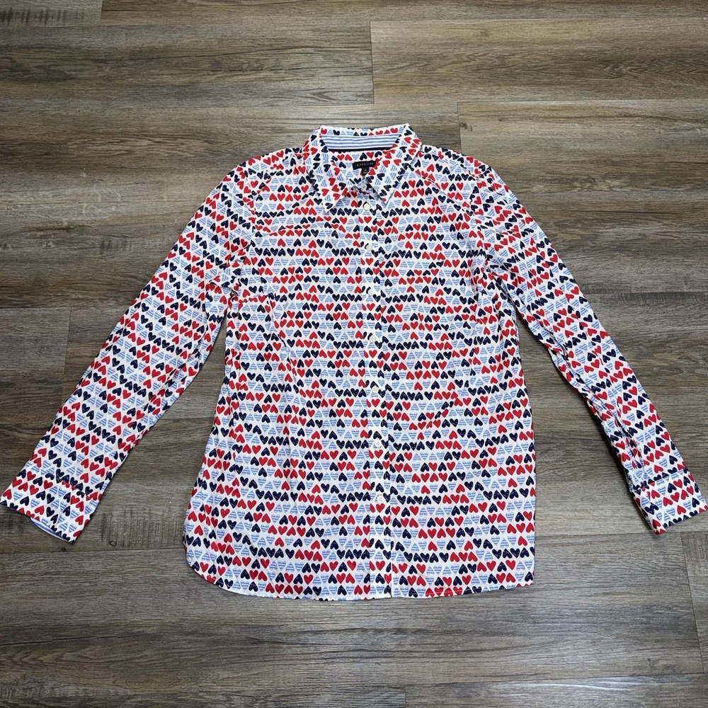 Talbots Classic Long-Sleeve Cotton Button-Up Shirt Womens M All-Over Heart Print